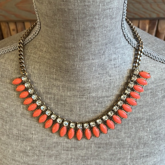 J. Crew Necklace, Faux Coral Stones and Rhinestones, Vintage Gold Tones - Picture 1 of 7